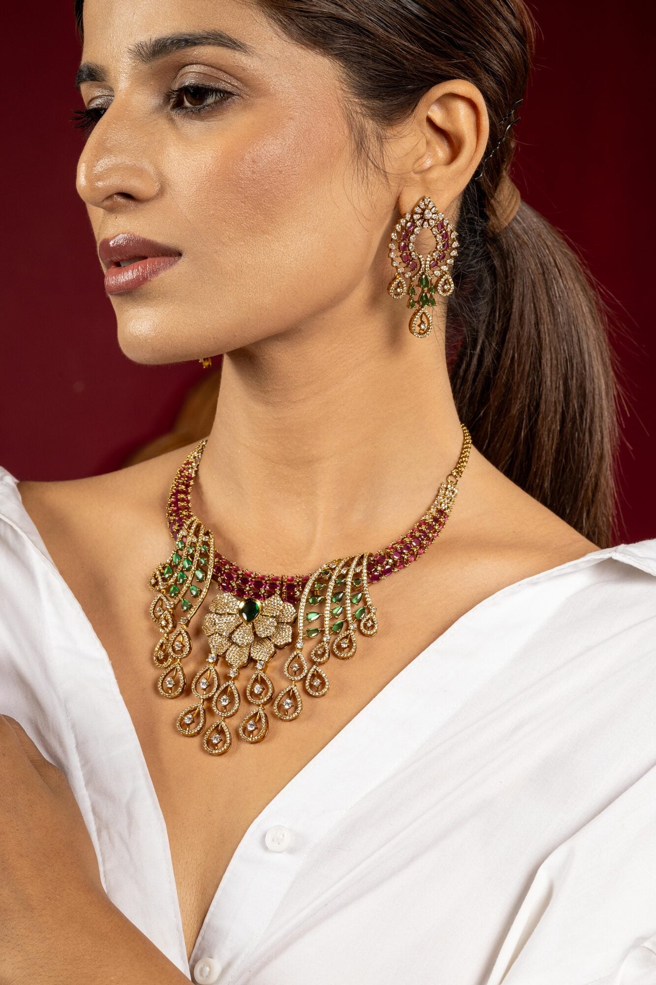 Ruby Emerald Diamond Cascade Choker