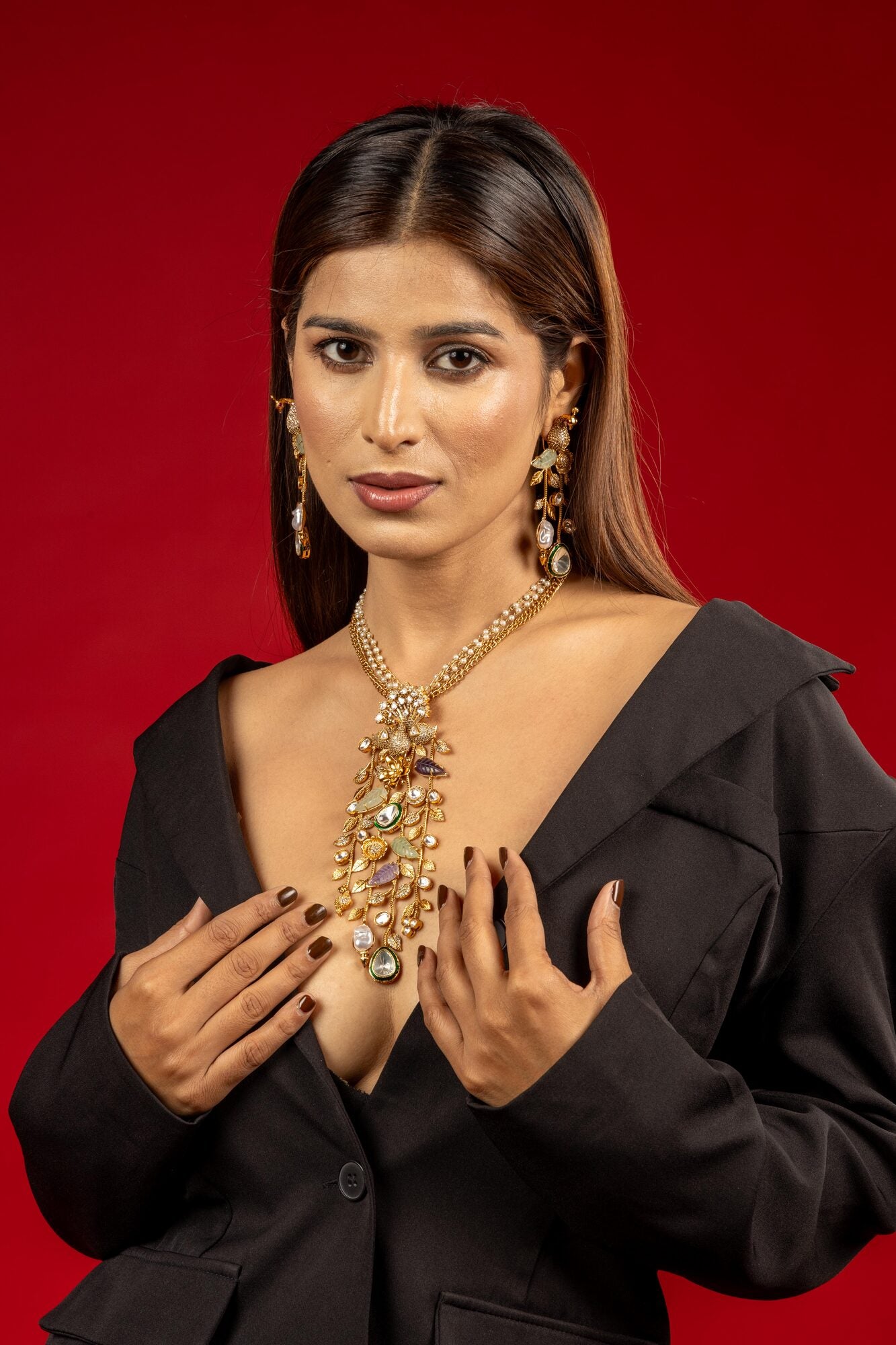 Nakshatraa Vine Cascade Multi Stone Necklace Set