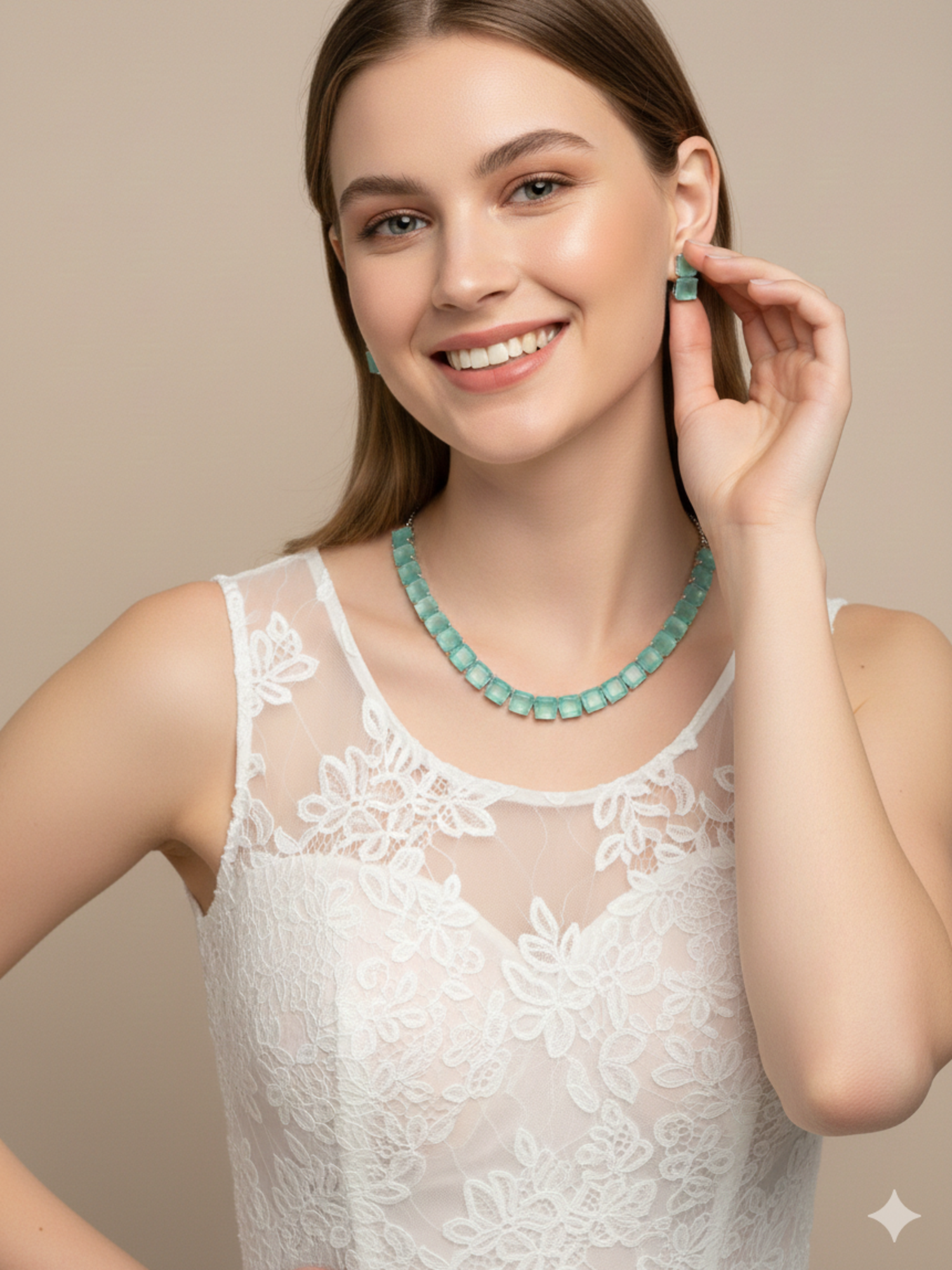 Aqua emerald lattice ensemble necklace set