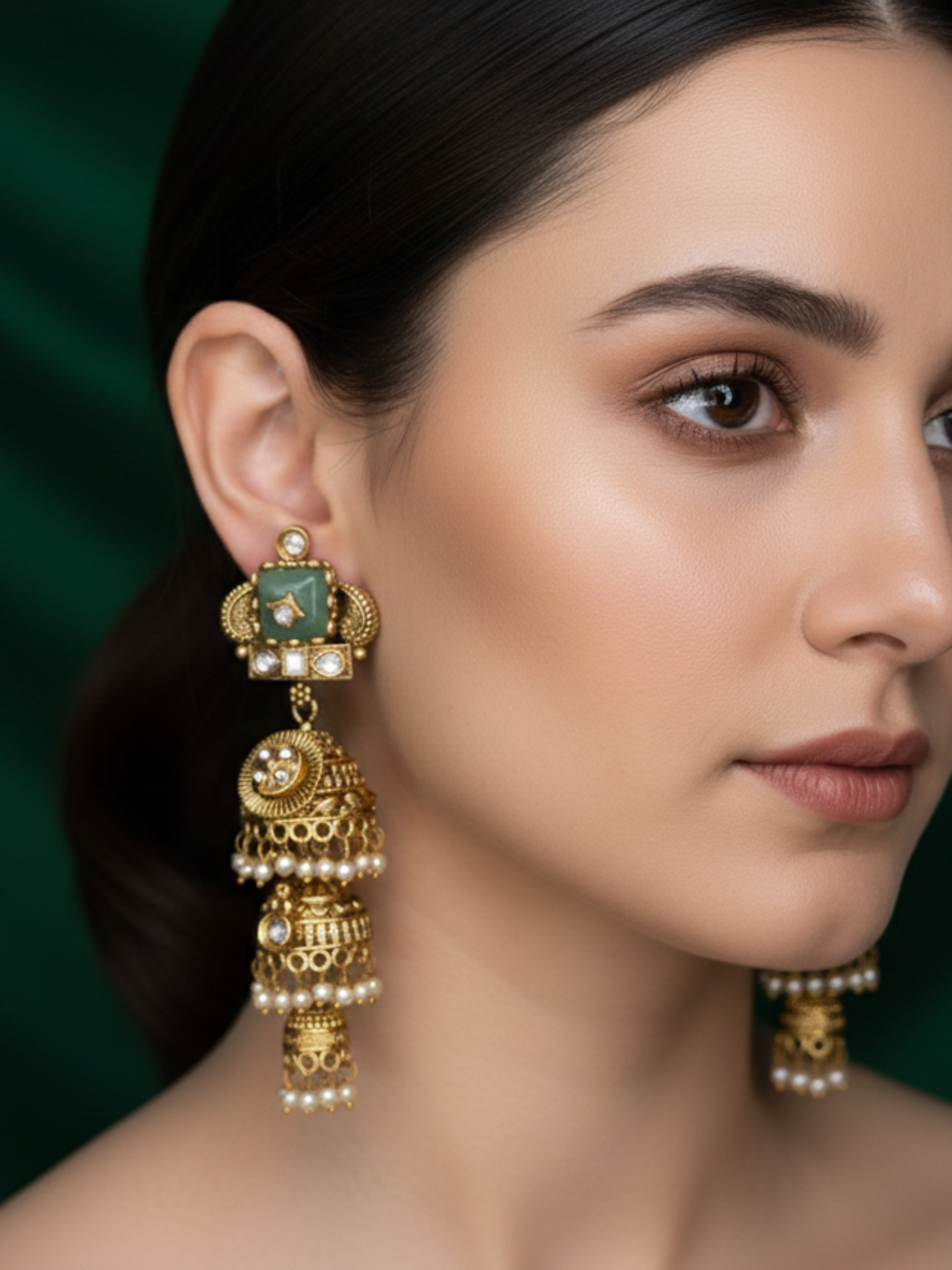 Royal Emerald Pearl Heritage Jhumka Set